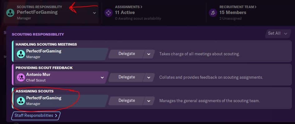 Scout assignments responsibility button Football Manager