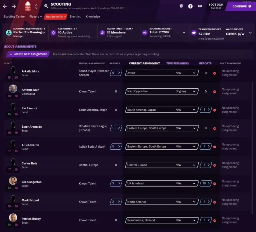 Scouting assignments in Football Manager